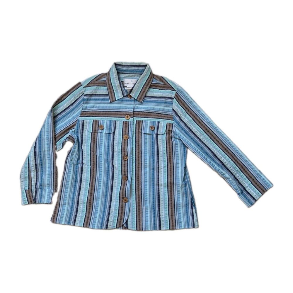 VTG Draper's & Damon's Blue Brown Striped Button Front Shirt Jacket Petite M EUC